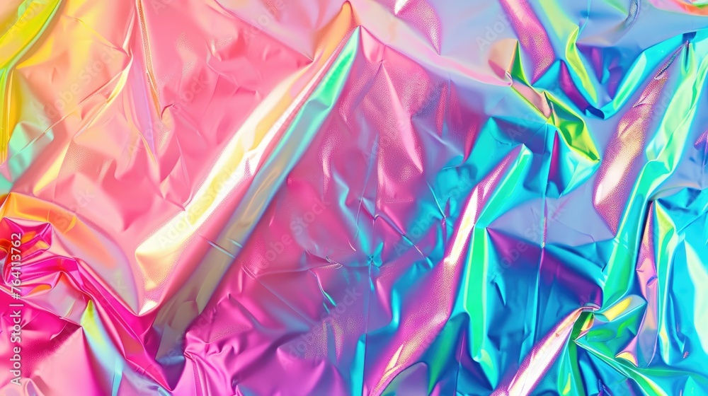 Iridescent foil texture with vibrant creases, reflecting a spectrum of colors in a dynamic and abstract expression of light and shadow - AI generated Iridescent foil texture with vibrant creases, reflecting a spectrum of colors in a dynamic and abstract expression of light and shadow - AI generated