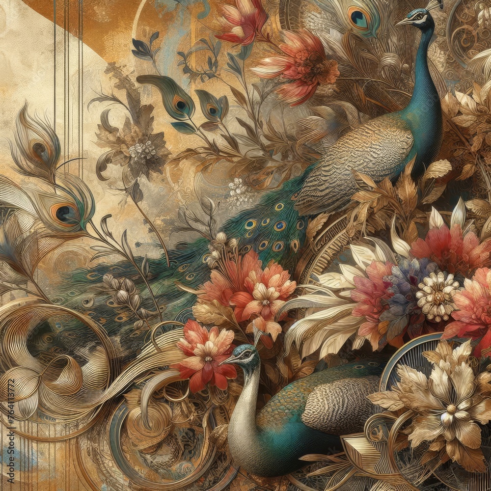 Abstract Textured Background with Vintage Floral, Peacocks, and Gold


