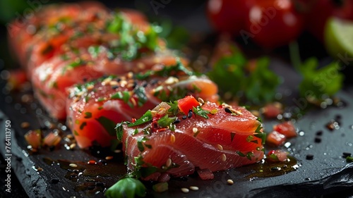 Fresh tuna slices seasoned with spices presenting a delectable sashimi dish