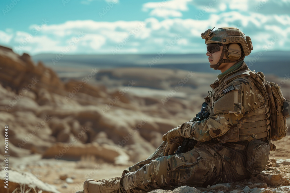 Lonely Soldier Contemplating in the Desert Landscape Under the Scorching Sun, Lost in Thought and Memories of Home