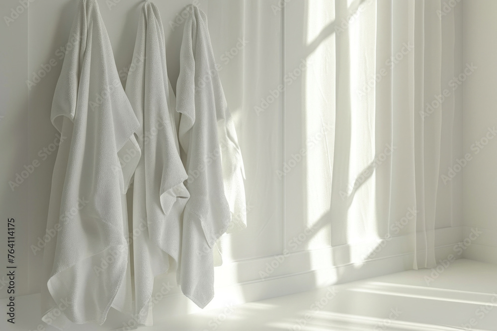 Three clean white towels hanging on a sunny wall next to a window with bright sunlight streaming in