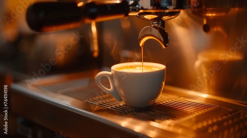 Espresso machine brewing into white cup under warm light