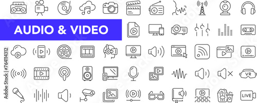 Audio and Video icon set with editable stroke. Music and Video thin line icon collection. Vector illustration
