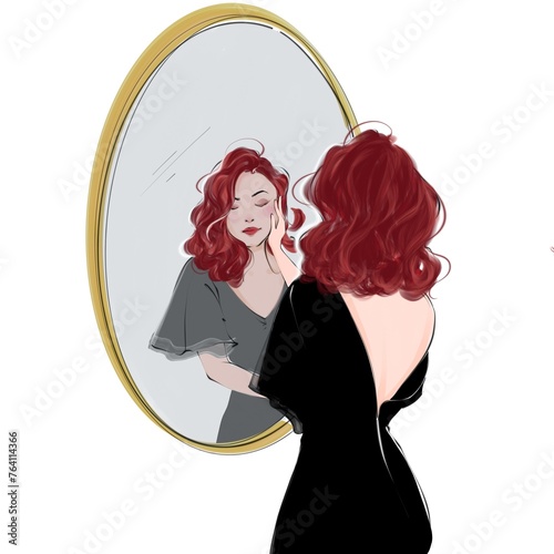 Beautiful girl caressing her cheek in the mirror as an illustration of self love