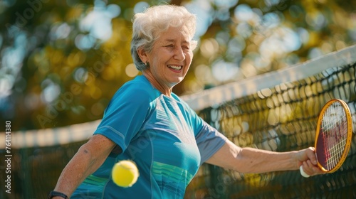 Joyful senior woman actively playing pickleball, showcasing health and vitality with a beaming smile during a sunny day at the court - AI generated