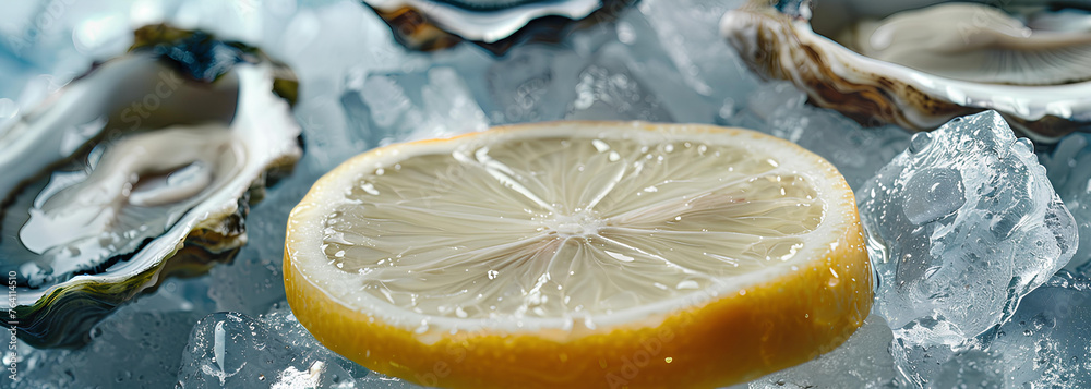 oysters and lemon slice in ice cubes oysters and lemon slice in ice cubes