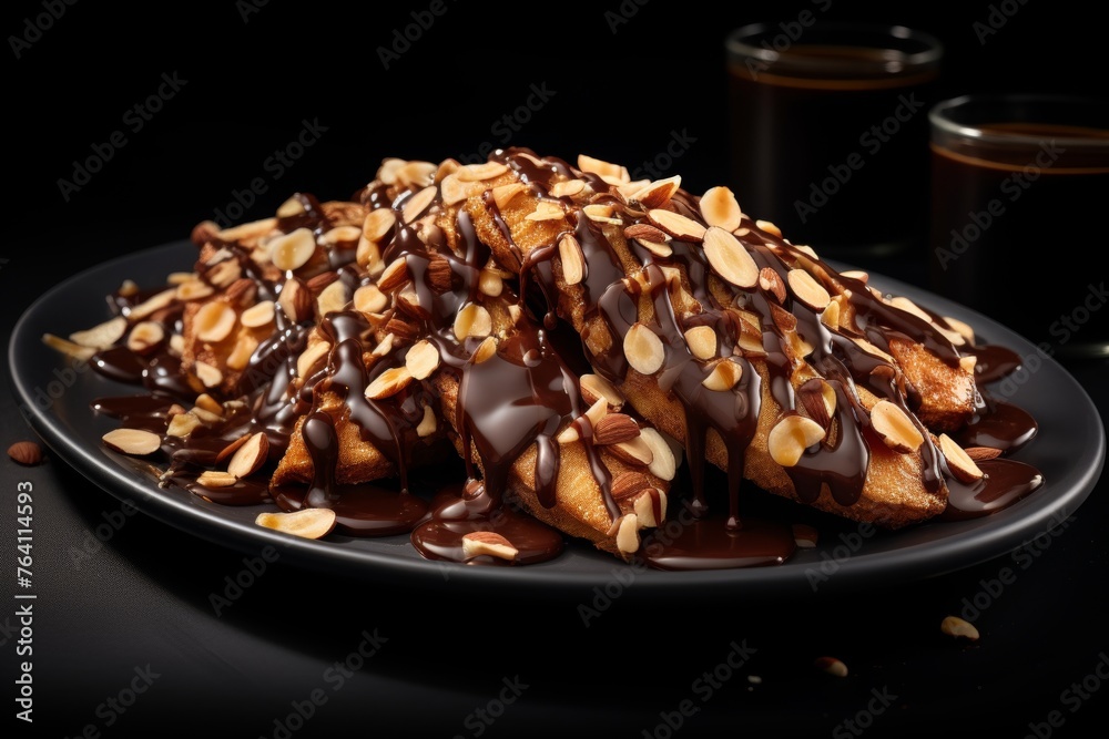 Banana dessert with almonds and chocolate coating, space for text, ideal for promoting recipes Banana dessert with almonds and chocolate coating, space for text, ideal for promoting recipes