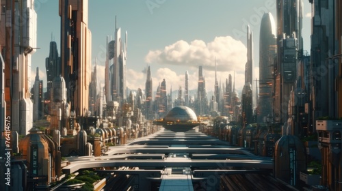 Futuristic cityscape with towering skyscrapers in the background