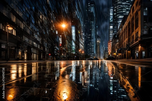 City lights reflecting on a rain-slicked pavement beneath towering skyscrapers.