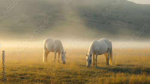 The white horse on the grassland in the morning, with the light dust, the scenery is large