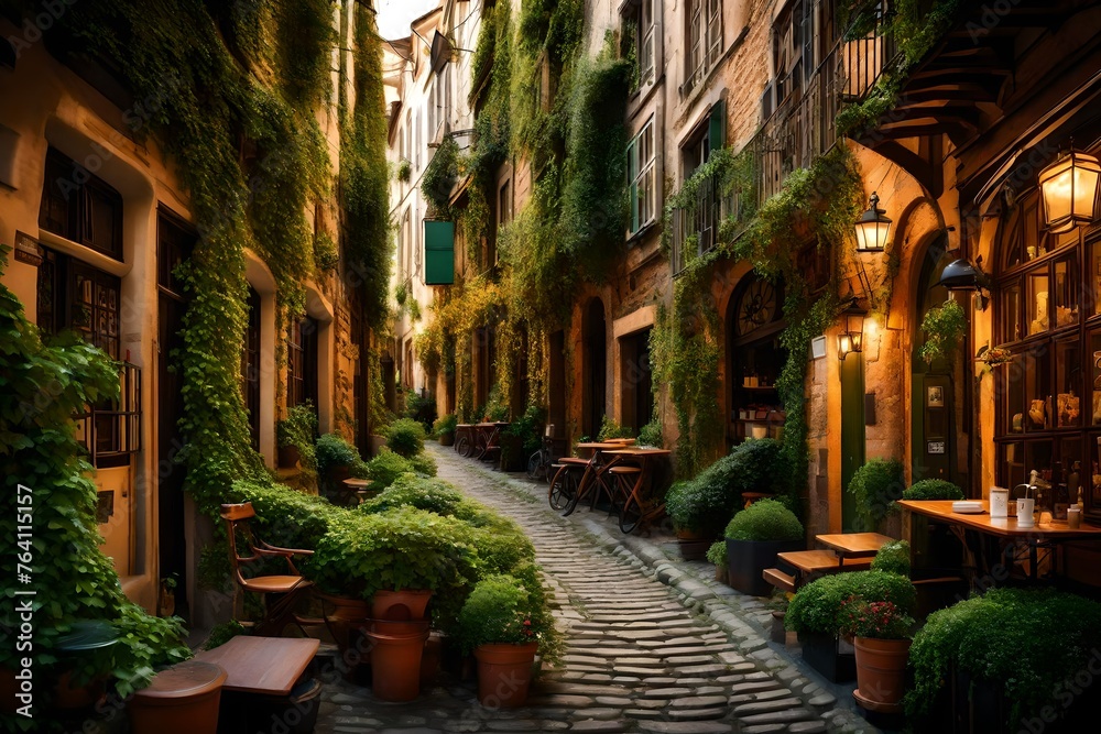 A quiet cobblestone street lined with quaint cafes, embraced by ivy-covered facades.