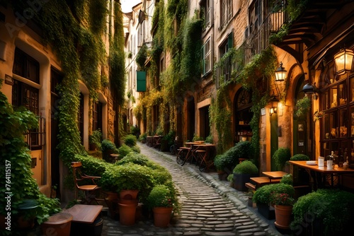 A quiet cobblestone street lined with quaint cafes, embraced by ivy-covered facades.