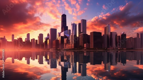 Futuristic Cityscape Bathed in Sunset Glow with Reflective Skyscrapers and Clouds