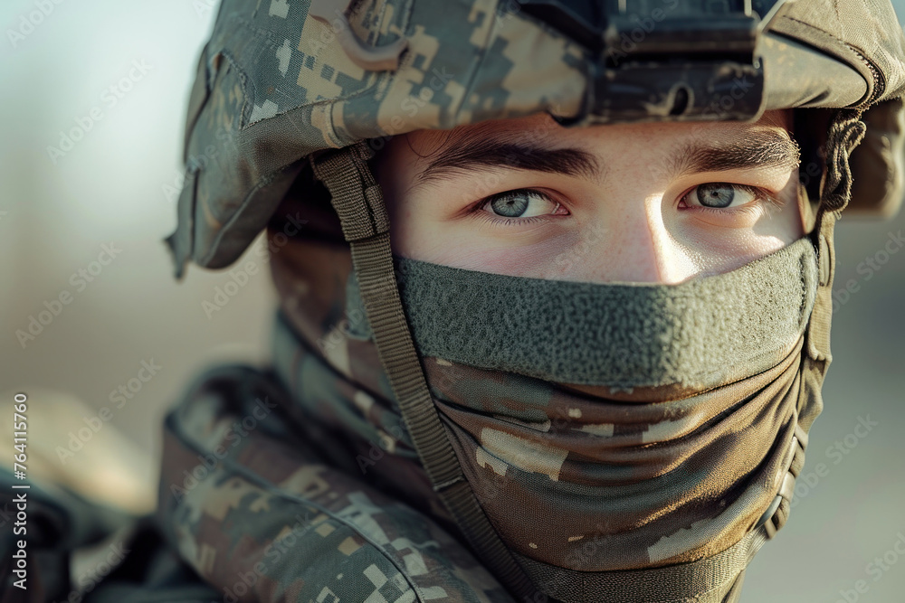Closeup portrait of military man in uniform and face mask, showing determination and readiness for duty - obrazy, fototapety, plakaty 