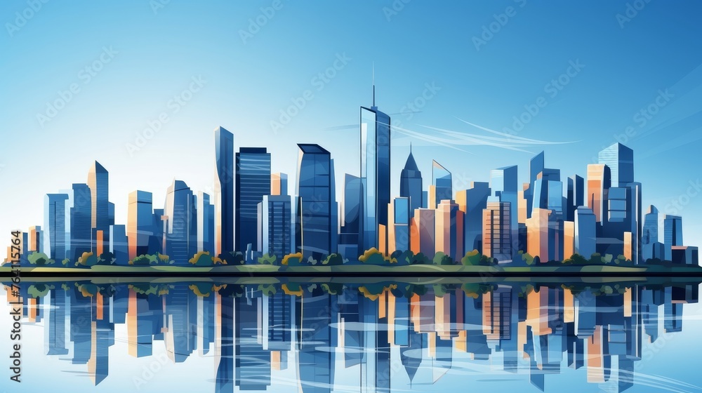 Urban cityscape with glass skyscrapers and financial tower in business district against blue sky