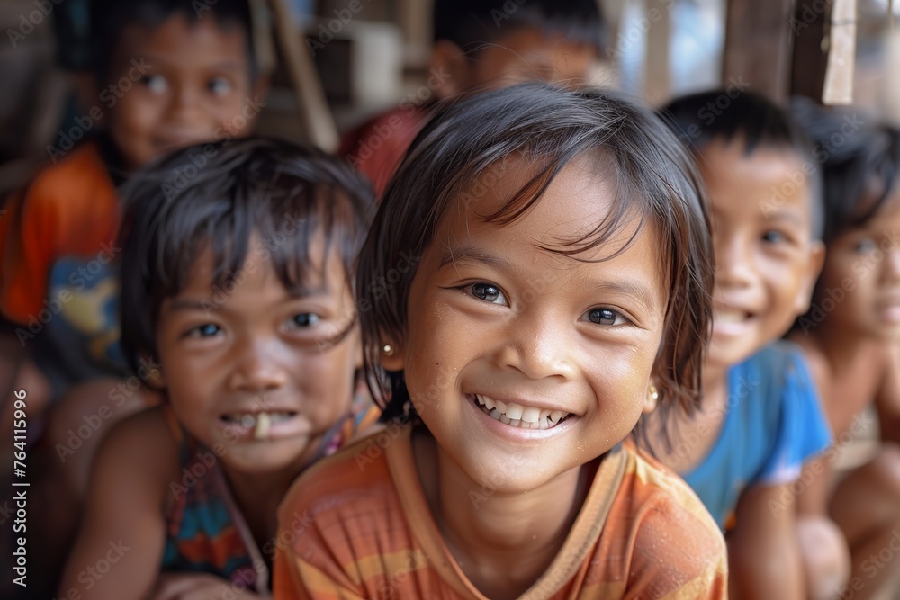 Bright Smiles in Tough Times: Young Girl and Fellow Children in the Background from a Developing Country Bright Smiles in Tough Times: Young Girl and Fellow Children in the Background from a Developing Country