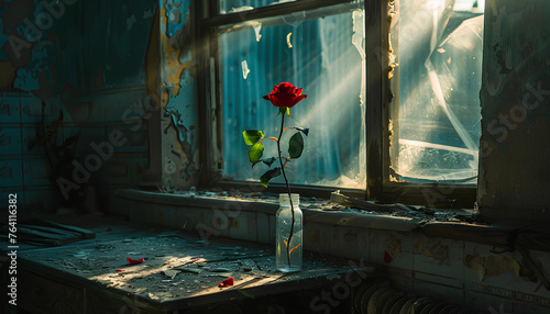 rose on an old dirty window sill in an abandoned house © Oleksiy