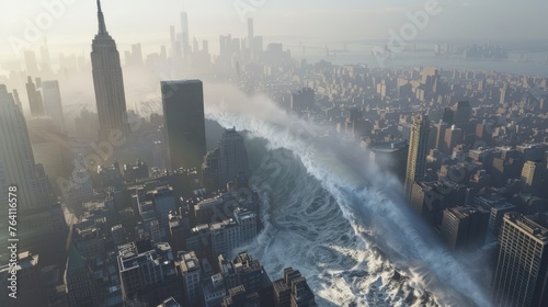 A huge tsunami wave engulfing the city 