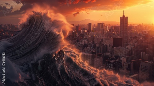 A huge tsunami wave engulfing the city 