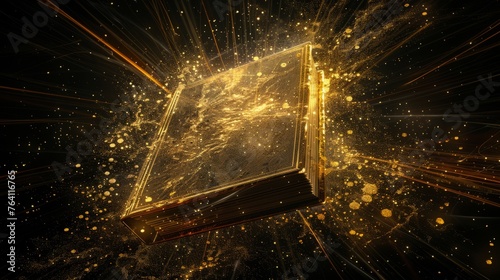 Golden magic book with spells, golden glow around 