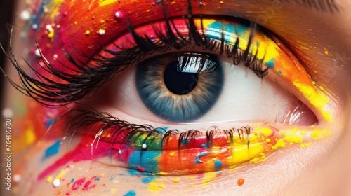 A woman's eye with a eyelid painted with multicolored paints