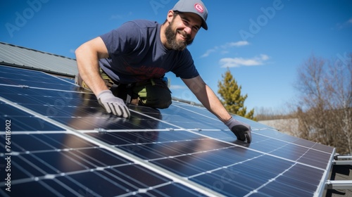 A worker installing solar panels on the roof