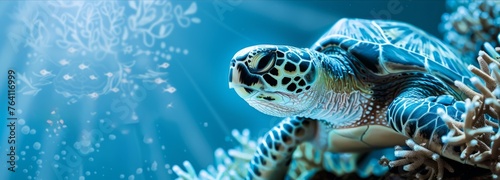 A banner with a turtle on a blue background and place for text. The concept of World Turtle Day.  © Katya