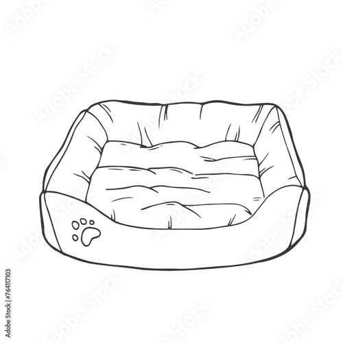 Doodle bed for a dog or cat. Accessories for pets drawn by lines. An element from a set of doodles drawn by hand. Isolated illustration on a white background. Pet bed