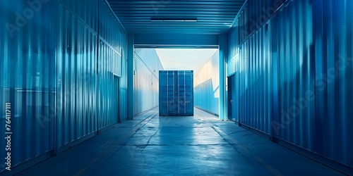 Global trade logistics: Shipping container at warehouse entrance. Concept Global trade, Logistics, Shipping container, Warehouse entrance