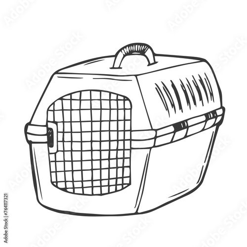 Pet carrier vector icon. Container for carrying animals cat, dog. Box for travel, going to the vet, transportation. Simple isolated illustration. Sketch, doodle.