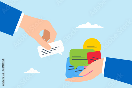 Businessman hand giving feedback speech bubble to manager, illustrating employee satisfaction survey. Concept of receiving customer advice, and opinions for improvement through effective communication