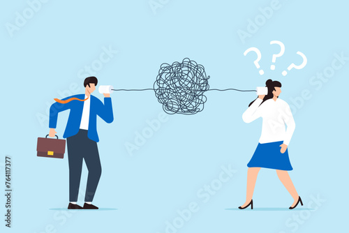 Businessman struggles with bad communication as he talks through messy, tangled phone line, causing confusion others. Concept misunderstandings, unclear messages, and miscommunicate information