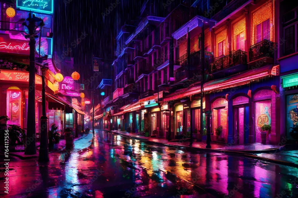 Rain-kissed city streets gleaming under streetlights with a backdrop of neon-lit buildings.