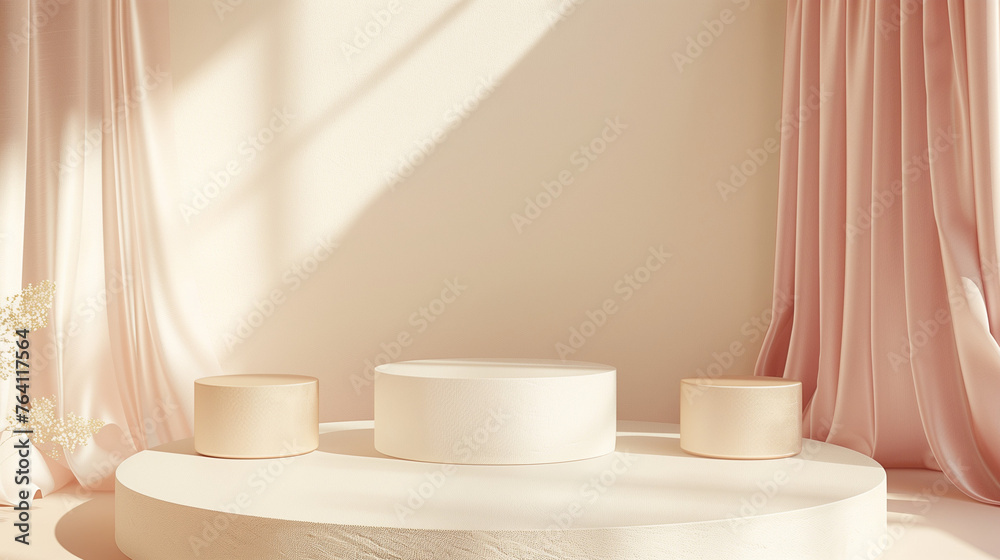3D rendering, minimalism clean background with three round podiums on the right side of the picture, light pink and beige colors, silk fabric in soft tones, high resolution, soft shadows 3D rendering, minimalism clean background with three round podiums on the right side of the picture, light pink and beige colors, silk fabric in soft tones, high resolution, soft shadows