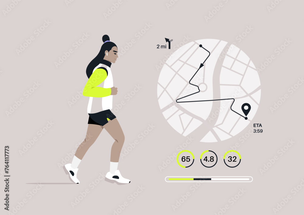Naklejka premium A Jog Progress, Tracking Distance and Performance Metrics, A runner is shown mid-stride with a graphical overlay of their route and fitness statistics