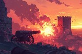 Cartoons of Cannon firing at an ancient fortress wall, explosion, sunset backlight