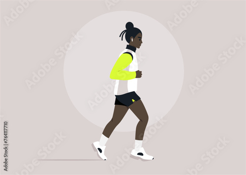 Urban joggers Morning Stride in Minimalist Style, A stylized runner takes a brisk jog in a serene setting