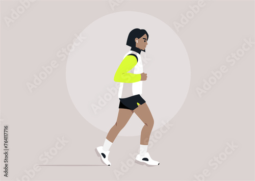 Urban joggers Morning Stride in Minimalist Style, A stylized runner takes a brisk jog in a serene setting