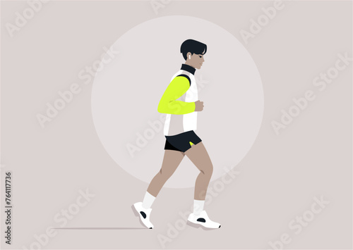 Urban joggers Morning Stride in Minimalist Style, A stylized runner takes a brisk jog in a serene setting