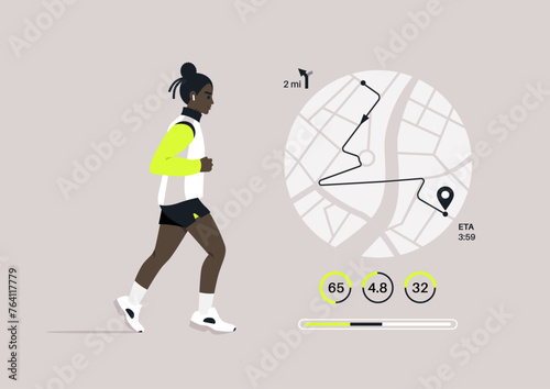 A Jog Progress, Tracking Distance and Performance Metrics, A runner is shown mid-stride with a graphical overlay of their route and fitness statistics