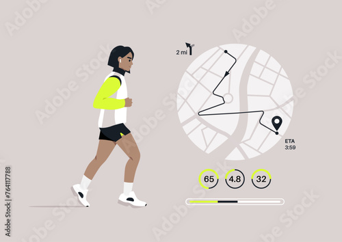 A Jog Progress, Tracking Distance and Performance Metrics, A runner is shown mid-stride with a graphical overlay of their route and fitness statistics