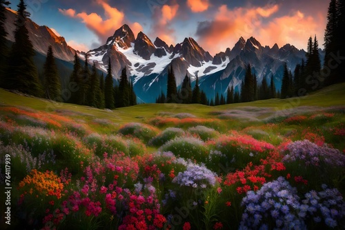 A tranquil alpine meadow adorned with colorful blooms, embraced by towering peaks in the background.