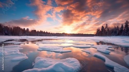 Frozen Lake in February in Latvia with Cloudscape