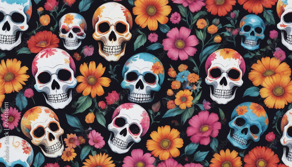Photo Of Colorful Painted Skulls And Flowers Pattern Photo Of Colorful Painted Skulls And Flowers Pattern