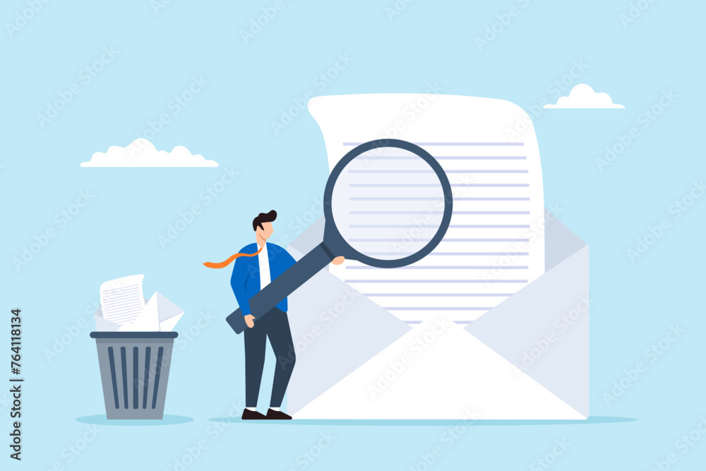 Businessman holds magnifying glass to scan emails and throw junk mail into bin, illustrating email security, and data protection. Concept of maintaining online communication technology safely Businessman holds magnifying glass to scan emails and throw junk mail into bin, illustrating email security, and data protection. Concept of maintaining online communication technology safely