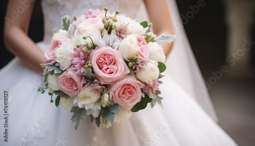 bride holding bouquet of roses