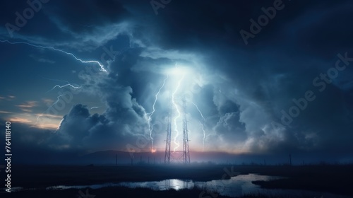 Bright lightning strike on a power tower in a thunderstorm at night.