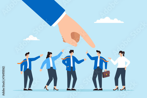 Businessman hand points at chosen candidate, illustrating selecting right person for job position. Concept of human resources recruitment, hiring new employees, and career opportunities