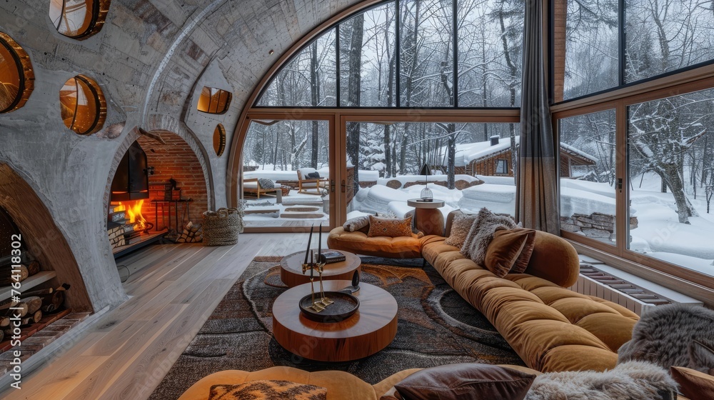 Obraz premium A cozy snow globe-inspired home with 360-degree winter wonderland views