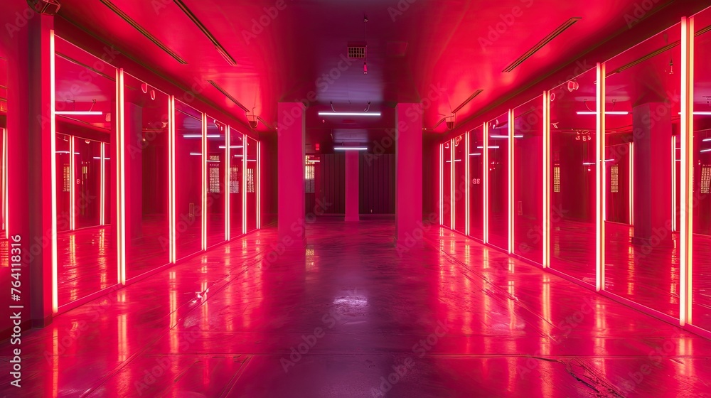 A dynamic dance studio with energetic neon scarlet lighting and mirrors